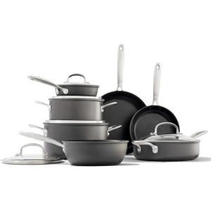 imageOXO Good Grips 10 Piece Cookware Pots and Pans Set 3Layered German Engineered Nonstick Coating Stainless Steel Handle with Nonslip Silicone Gray12 Piece Cookware Pots and Pans Set