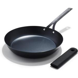 imageOXO Obsidian PreSeasoned Carbon Steel 10quot Frying Pan Skillet with Removable Silicone Handle Holder Induction Oven Safe Black10 Frying Pan Skillet