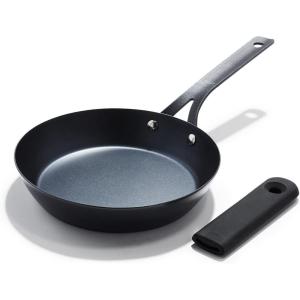 imageOXO Obsidian PreSeasoned Carbon Steel 10quot Frying Pan Skillet with Removable Silicone Handle Holder Induction Oven Safe Black8 Frying Pan Skillet